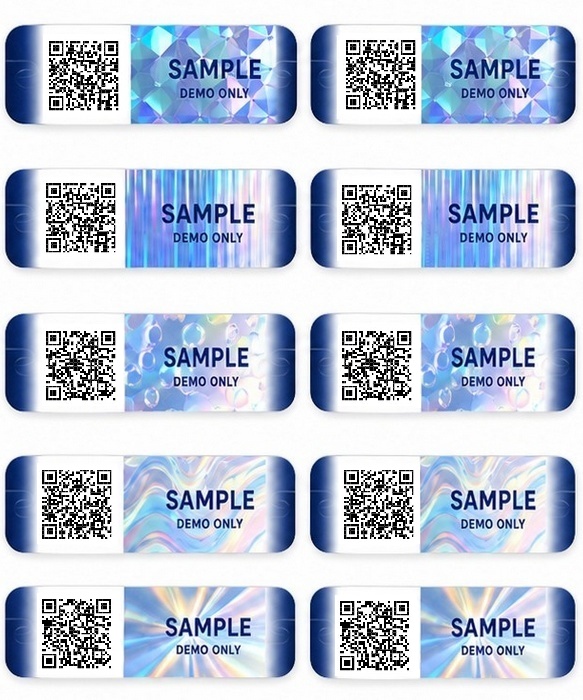 Пример комплекта из двух защитных этикеток с QR-кодами для фармацевтической промышленности. Решение может применяться для цифровой идентификации упаковки, проверки продукции, защиты лекарственных препаратов от подделок и перехода к веб-паспорту товара. Пример комплекта из двух этикеток для маркировки фармацевтической продукции. Этикетки могут объединять уникальные QR-коды, декоративные оптические элементы и средства цифровой идентификации упаковки. Такое решение может использоваться для онлайн-проверки продукции, защиты лекарственных препаратов от подделок, контроля упаковки и перехода к цифровому веб-паспорту товара.