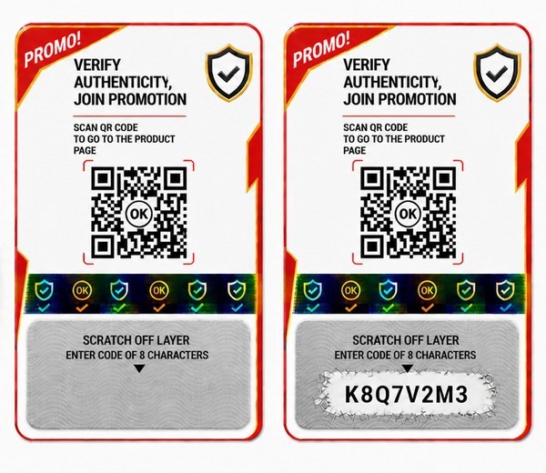 Promotional label with a QR code and scratch-off protective layer. Used for product authentication, marketing campaigns, and increasing customer engagement and sales.