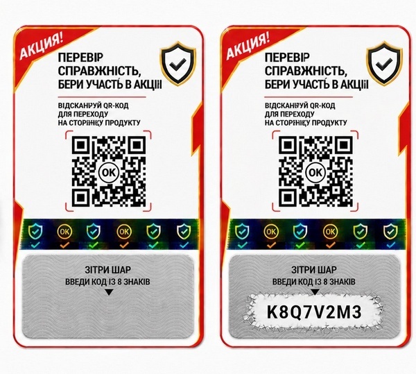 Акційна QR-етикетка зі стираємим шаром і кодом перевірки Етикетка для промоакцій із QR-кодом і стираємим захисним шаром. Використовується для перевірки оригінальності, участі в акціях та збільшення продажів за рахунок залучення покупців.