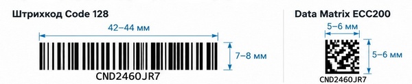 Ориентировочные размеры Code 128 и Data Matrix для печати на RFID-метке 54 × 13 мм на принтере 200 dpi Пример компоновки RFID-метки 54 × 13 мм с Code 128, Data Matrix ECC200 и текстовым номером. Показаны ориентировочные размеры элементов для термотрансферной печати на принтере 200 dpi.