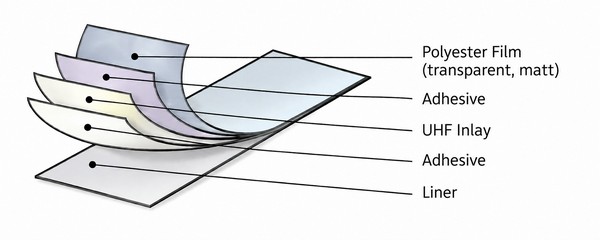 Construction diagram of inotec Flex On Metal Global showing protective polyester film, adhesive layers, UHF inlay and liner for industrial on-metal RFID identification.